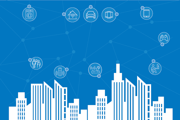 Outline of a city skyline plus circles with different icons inside, like cars, phones and other devices