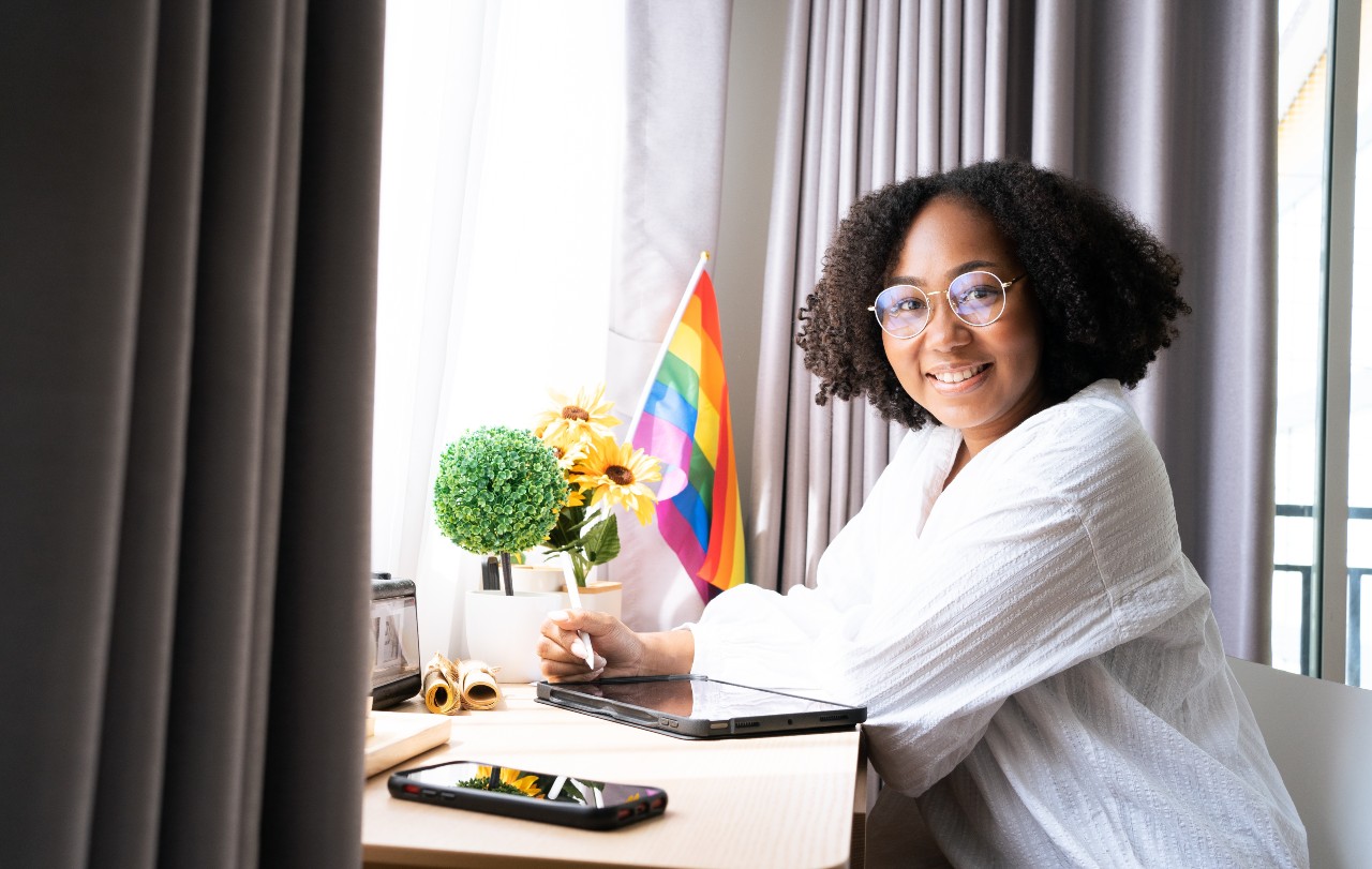 a woman sitting at a desk